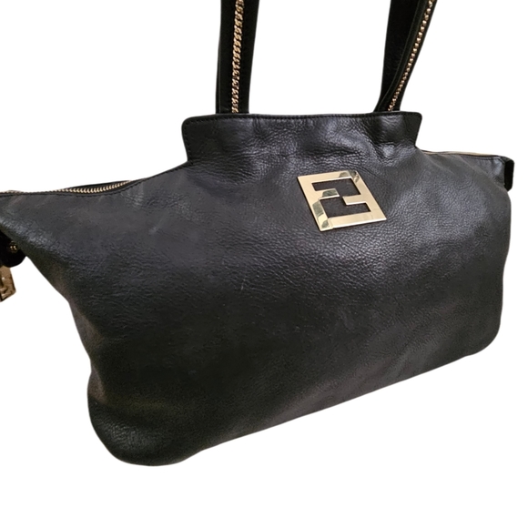 Authentic Extra Large Fendi Black Metallic Nubuck Leather Chain Shoulder Bag - Picture 8 of 16